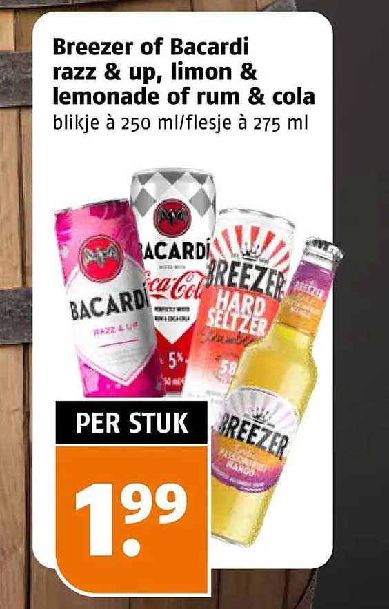 Breezer of Bacardi razz & up, limon & lemonade of rum & cola