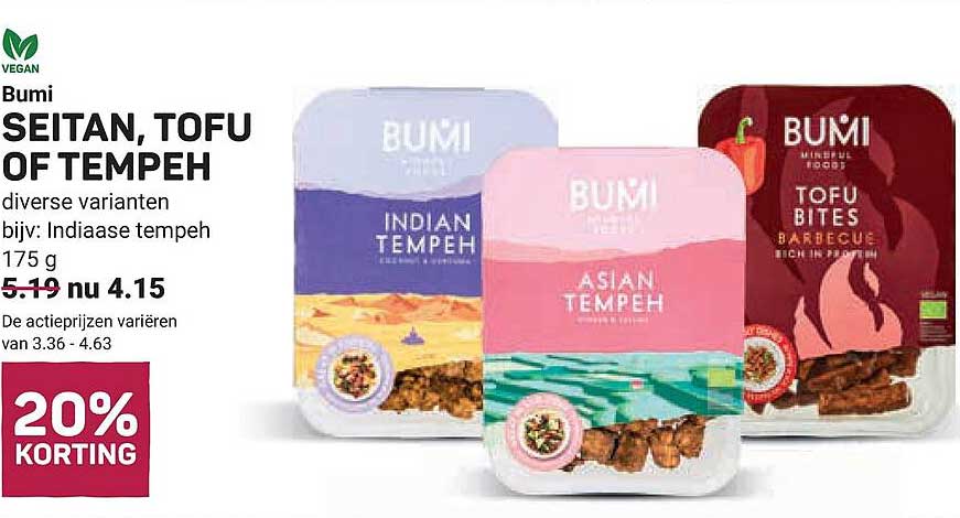 Bumi Seitan, Tofu of Tempeh diverse varianten 175 g 20% korting