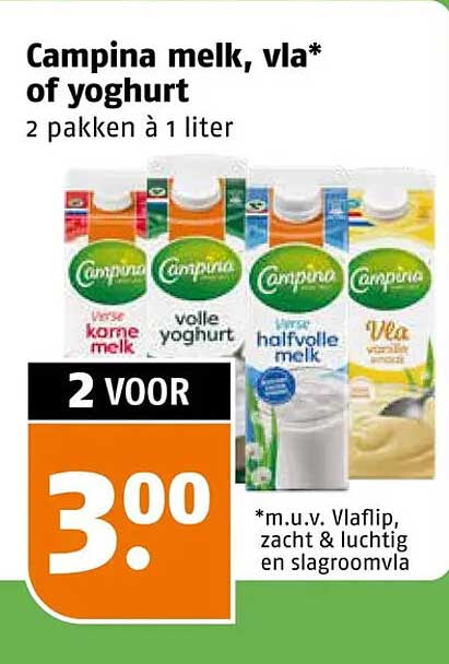 Campina melk, vla* of yoghurt 2 pakken à 1 liter 2 voor