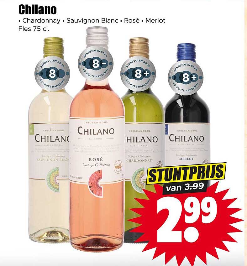 Chilano Chardonnay • Sauvignon Blanc • Rosé • Merlot Fles 75 cl. STUNTPRIJS