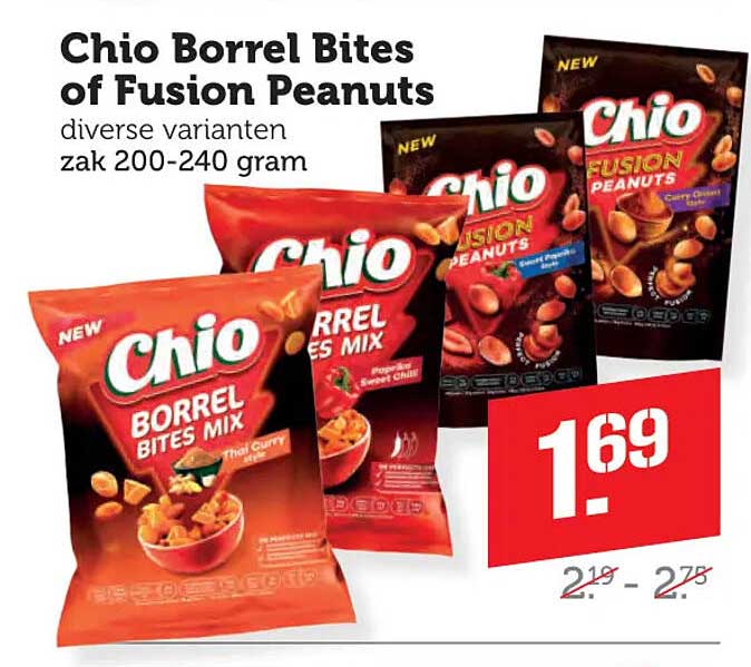 Chio Borrel Bites of Fusion Peanuts diverse varianten zak 200-240 gram