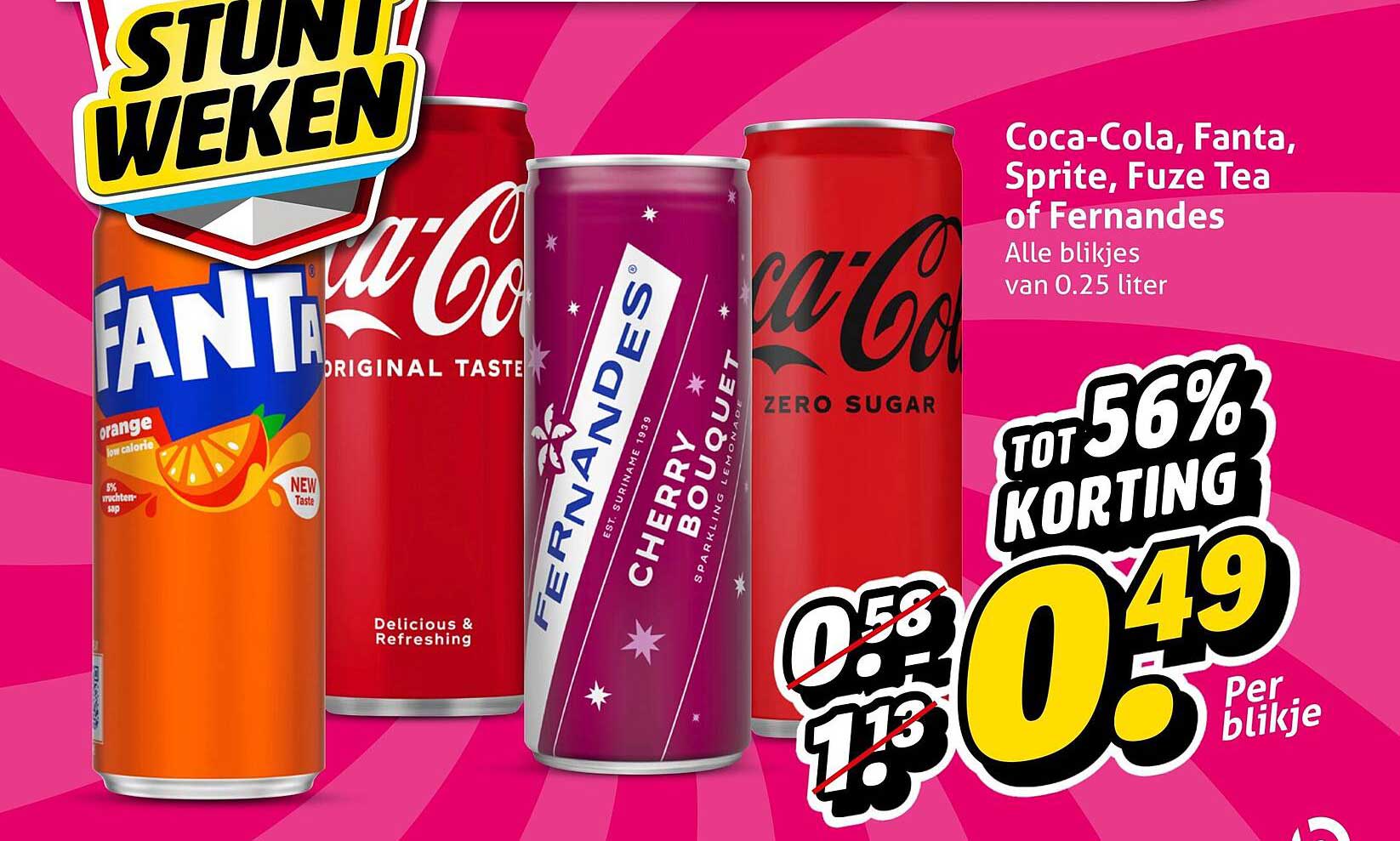 Coca-Cola, Fanta, Sprite, Fuze Tea of Fernandes Alle blikjes van 0.25 liter tot 56% korting
