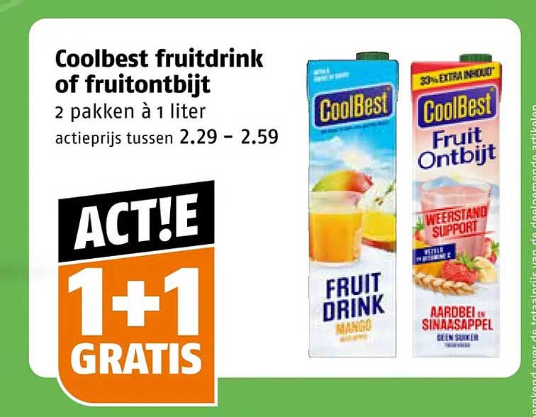 Coolbest fruitdrink of fruitontbijt 2 pakken à 1 liter 1+1 gratis