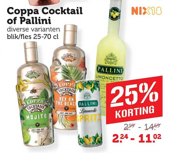 Coppa Cocktail of Pallini diverse varianten blik/fles 25-70 cl 25% korting