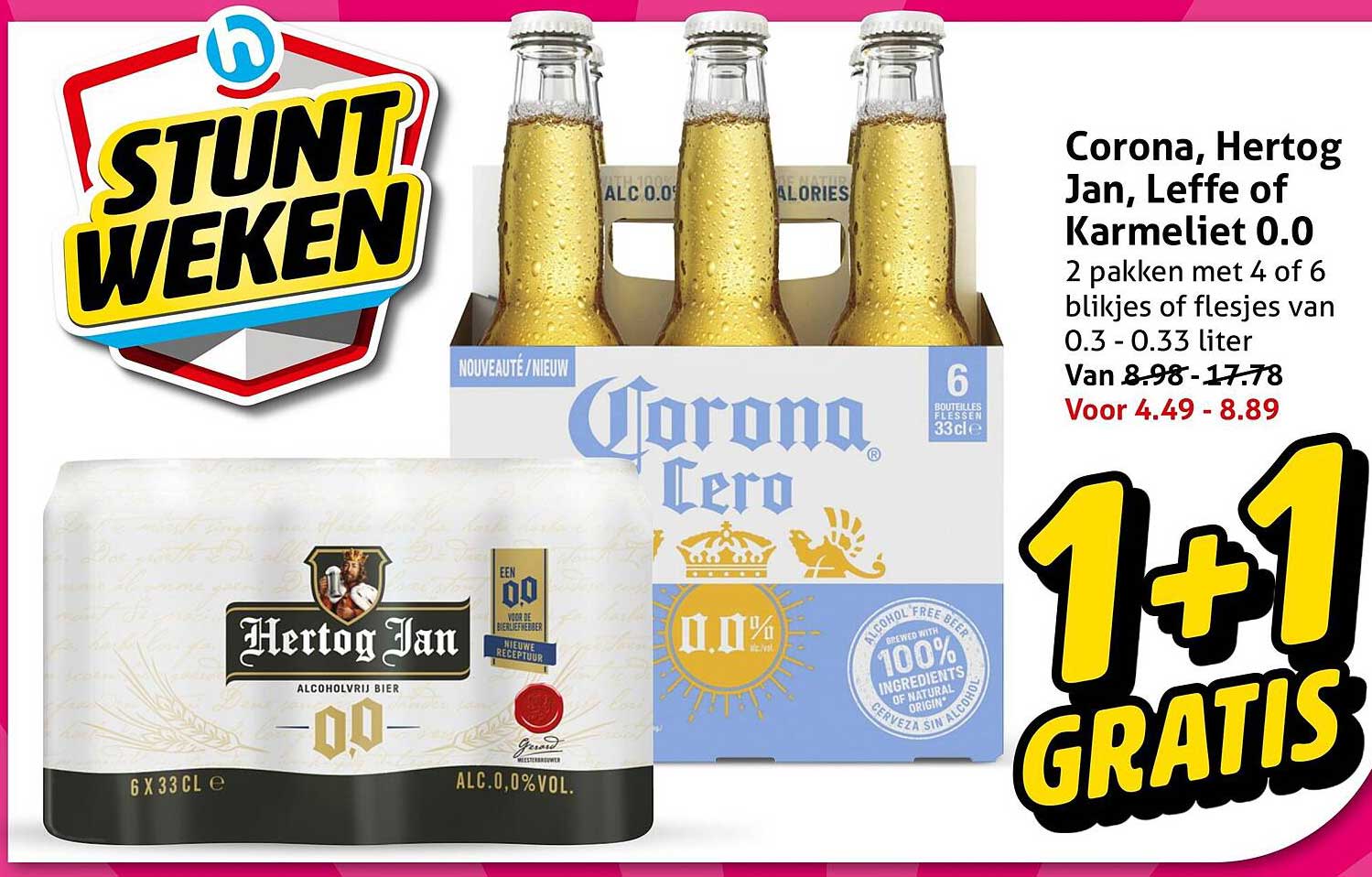Corona, Hertog Jan, Leffe of Karmeliet 0.0 1+1 GRATIS