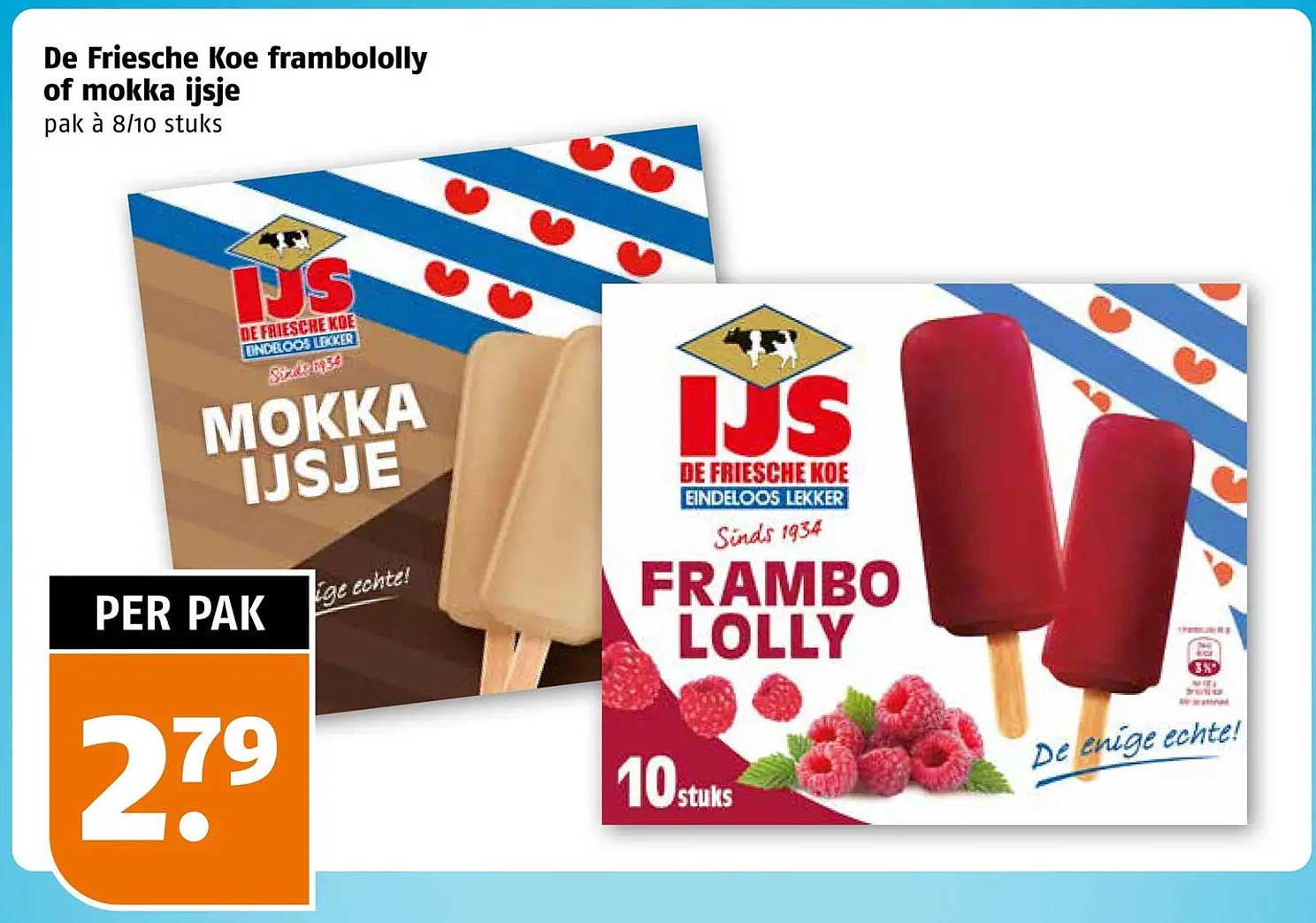 De Friesche Koe frambololly of mokka ijsje pak à 8/10 stuks