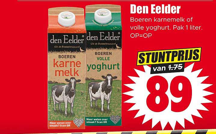 Den Elder Boeren karnemelk of volle yoghurt. Pak 1 liter. OP=OP