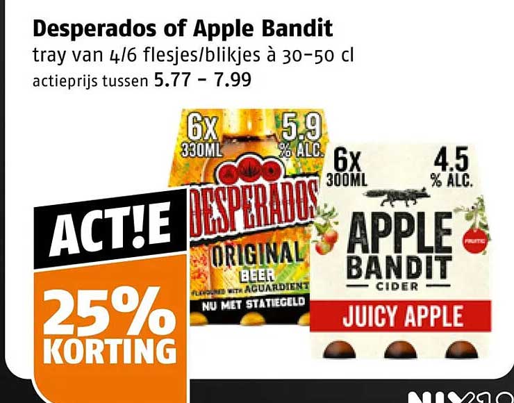 Desperados of Apple Bandit tray van 4/6 flesjes/blikjes à 30-50 cl actiekorting 25%