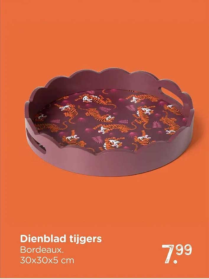 Dienblad tijgers Bordeaux. 30x30x5 cm