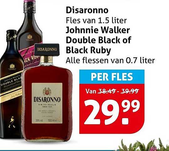 Disaronno Fles van 1.5 liter Johnnie Walker Double Black of Black Ruby Alle flessen van 0.7 liter