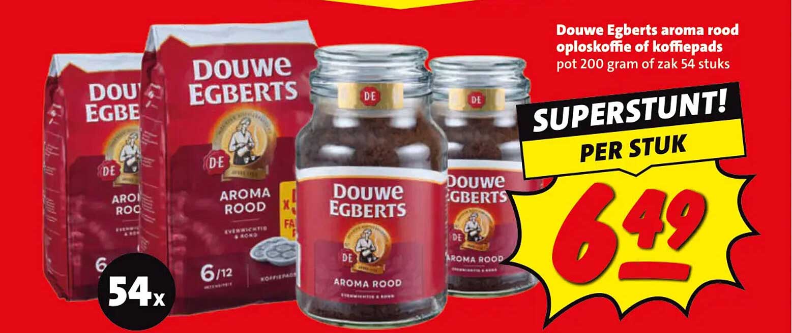 Douwe Egberts aroma rood oploskoffie of koffiepads pot 200 gram of zak 54 stuks SUPERSTUNT! PER STUK