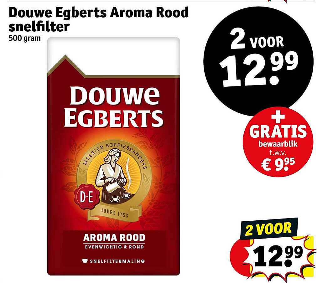 Douwe Egberts Aroma Rood snelfilter 500 gram 2 voor 12.99 + GRATIS bewaarblik t.w.v. € 9.95