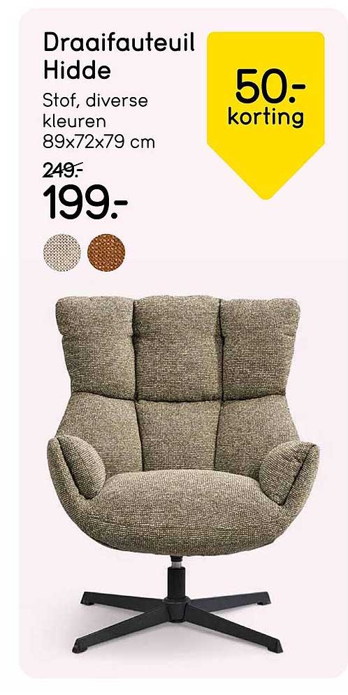 Draaifauteuil Hidde Stof, diverse kleuren 89x72x79 cm 50.- korting