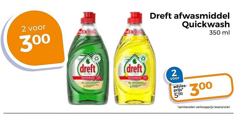 Dreft afwasmiddel Quickwash 350 ml 2 voor 3,00