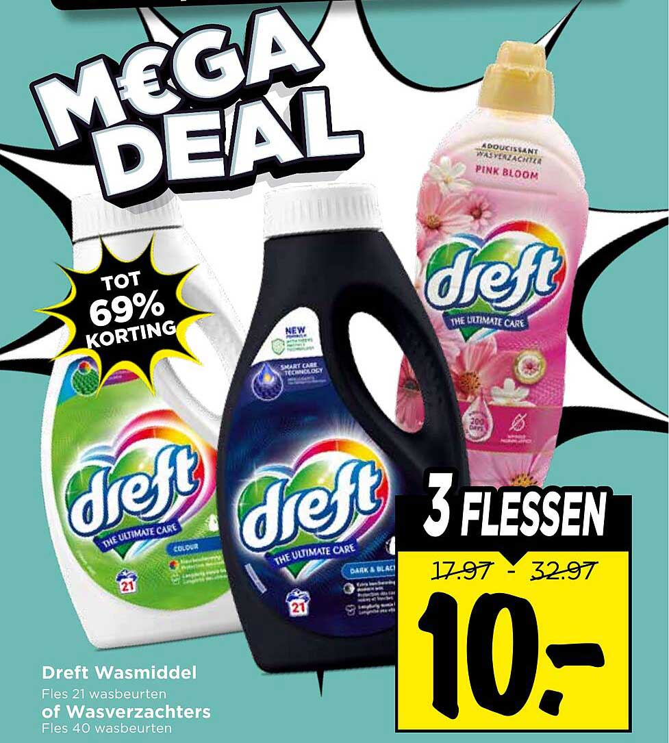 Dreft Wasmiddel Fles 21 wasbeurten of Wasverzachters Fles 40 wasbeurten 3 flessen