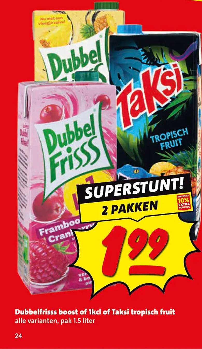 Dubbelfrisss boost of 1kcl of Taksi tropisch fruit alle varianten, pak 1.5 liter