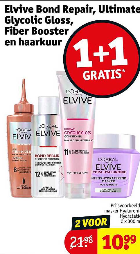 Elvive Bond Repair, Ultimate Glycolic Gloss, Fiber Booster en haarkuur 1+1 GRATIS*