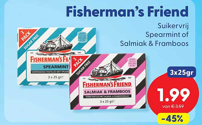 Fisherman’s Friend Suikervrij Spearmint of Salmiak & Framboos 3x25gr -45%