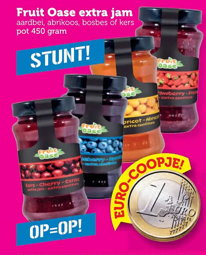 Fruit Oase extra jam aardbei, abrikoos, bosbes of kers pot 450 gram
