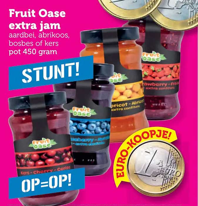 Fruit Oase extra jam aardbei, abrikoos, bosbes of kers pot 450 gram STUNT!