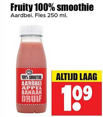 Fruity 100% smoothie Aardbei. Fles 250 ml.