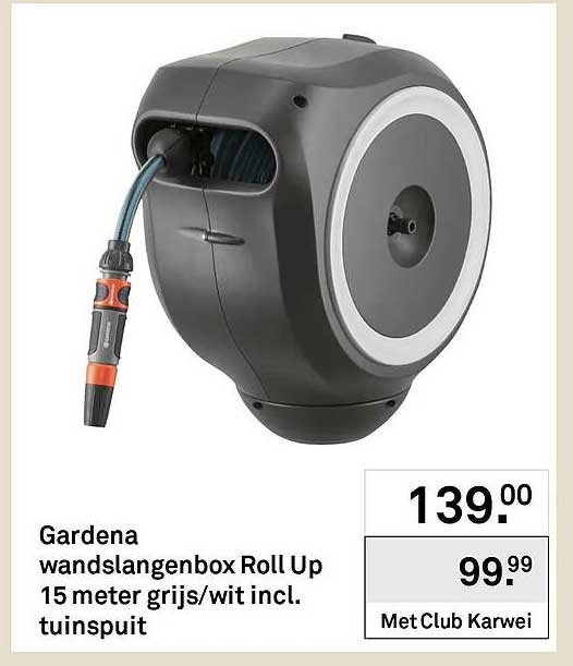 Gardena wandslangenbox Roll Up 15 meter grijs/wit incl. tuinspuit