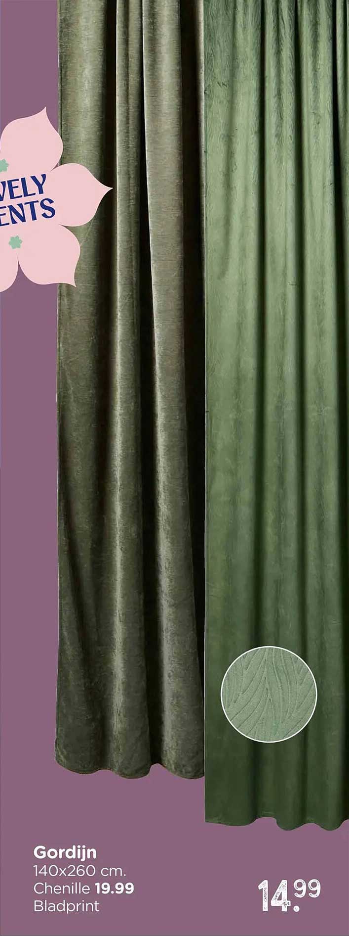 Gordijn 140x260 cm. Chenille Bladprint