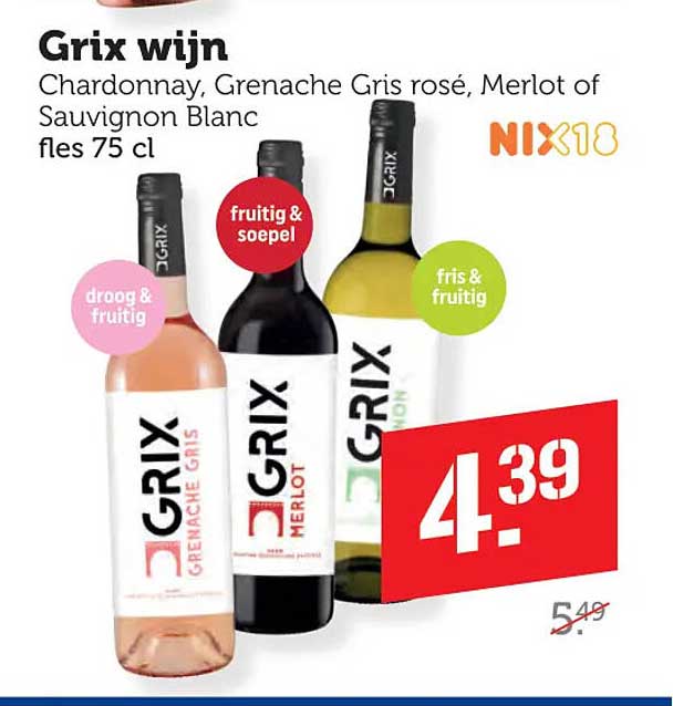 Grix wijn Chardonnay, Grenache Gris rosé, Merlot of Sauvignon Blanc fles 75 cl NIX18