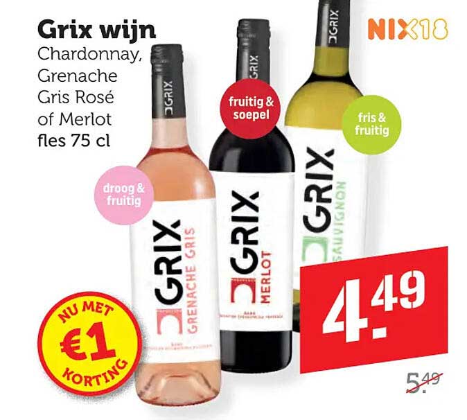 Grix wijn Chardonnay, Grenache Gris Rosé of Merlot fles 75 cl NU MET €1 KORTING