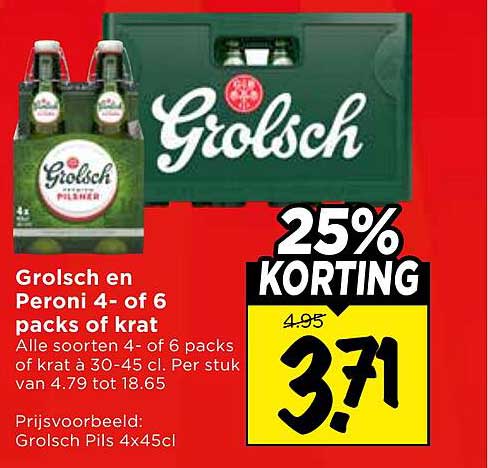 Grolsch en Peroni 4- of 6 packs of krat 25% KORTING