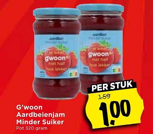 G'woon Aardbeienjam Minder Suiker Pot 320 gram