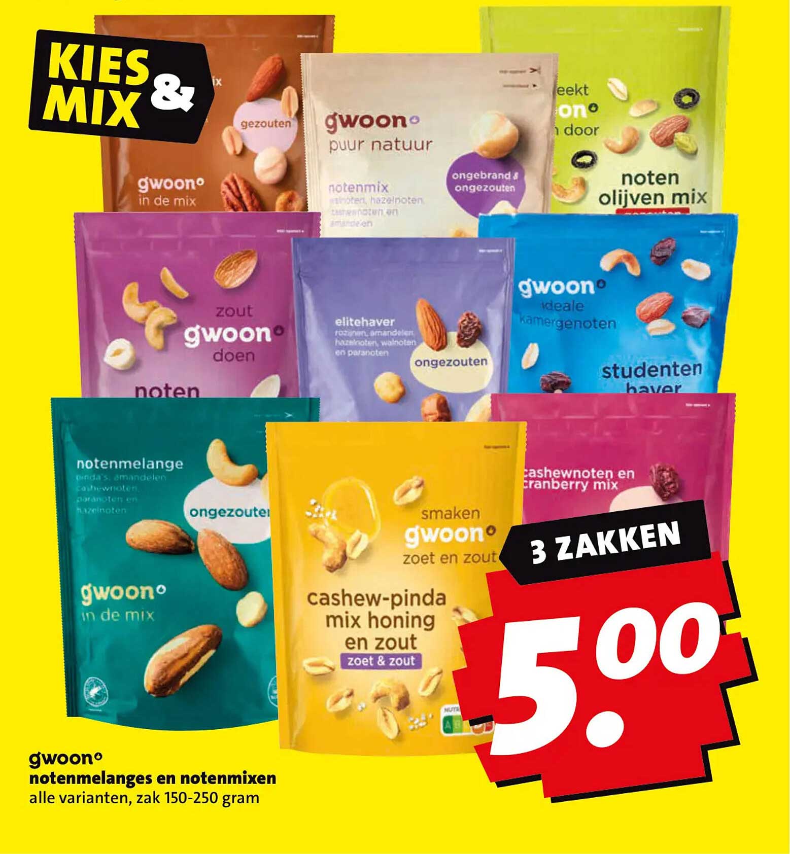 g'woon notenmelanges en notenmixen, alle varianten, zak 150-250 gram 3 zakken