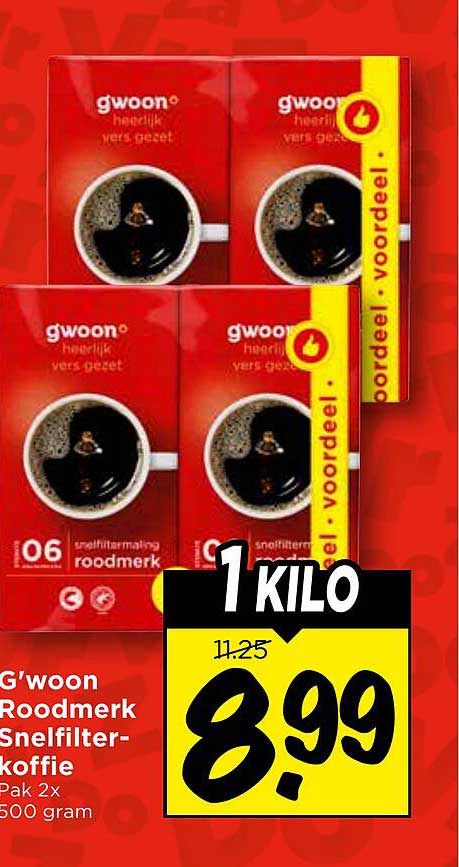 G'woon Roodmerk Snelfilterkoffie Pak 2x 500 gram 1 KILO