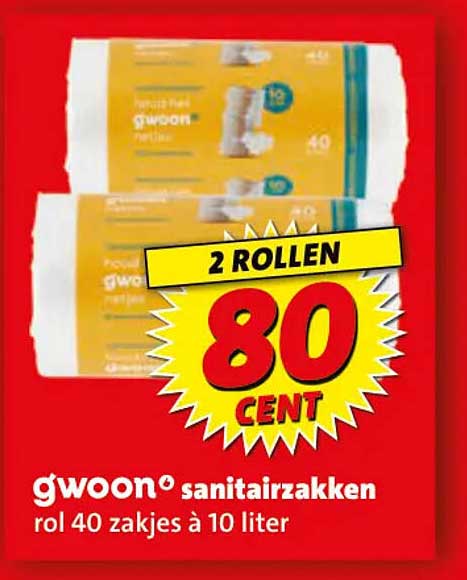 g'woon sanitairzakken rol 40 zakjes à 10 liter 2 ROLLEN 80 CENT