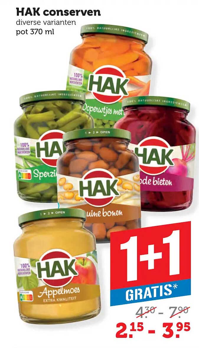 HAK conserven diverse varianten pot 370 ml 1+1 gratis
