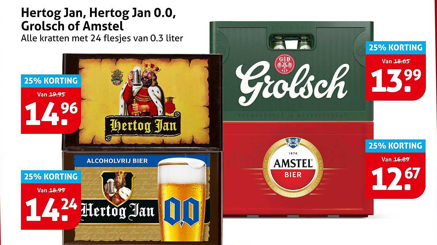 Hertog Jan, Hertog Jan 0.0, Grolsch of Amstel Alle kratten met 24 flesjes van 0.3 liter