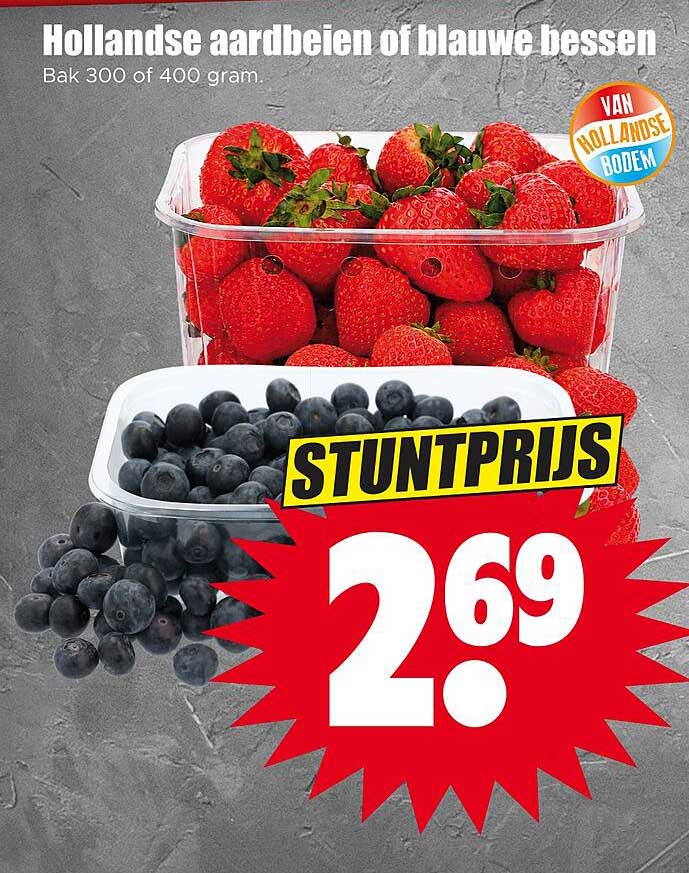 Hollandse aardbeien of blauwe bessen Bak 300 of 400 gram