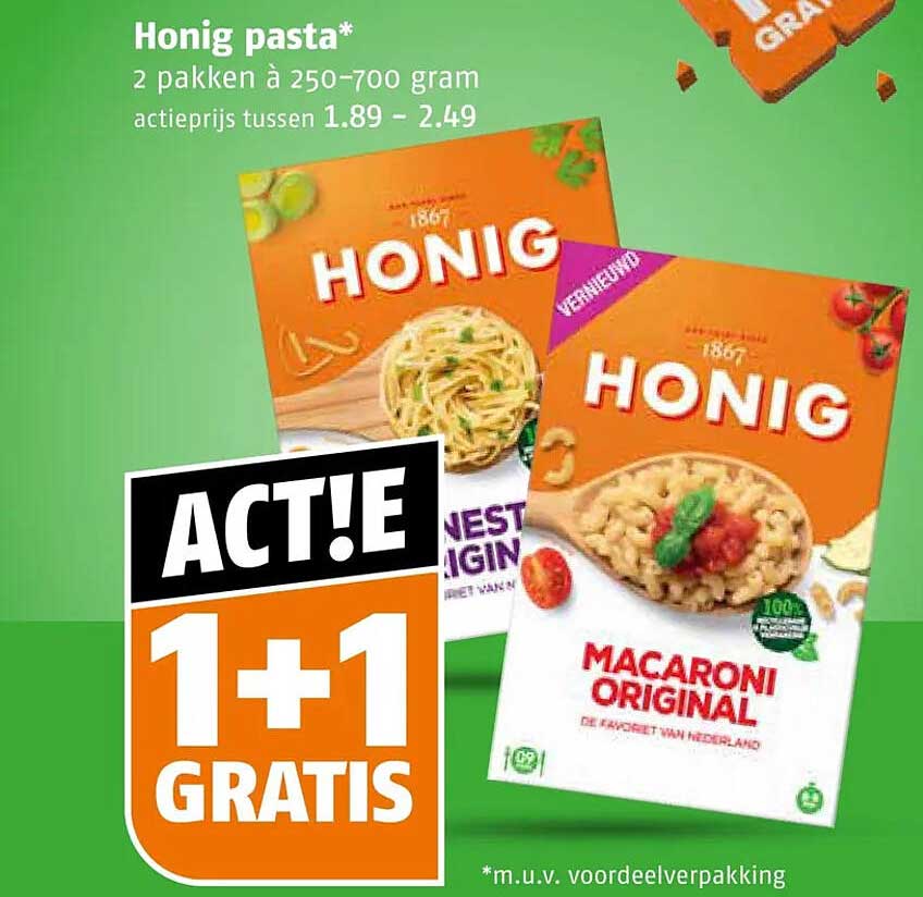 Honig pasta* 2 pakken à 250-700 gram 1+1 gratis