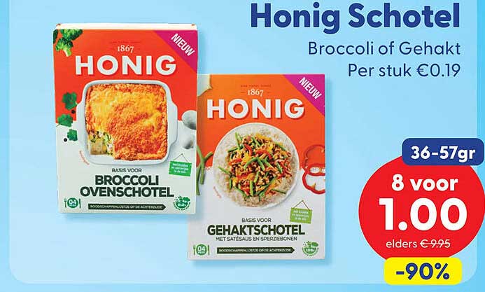 Honig Schotel Broccoli of Gehakt Per stuk €0.19