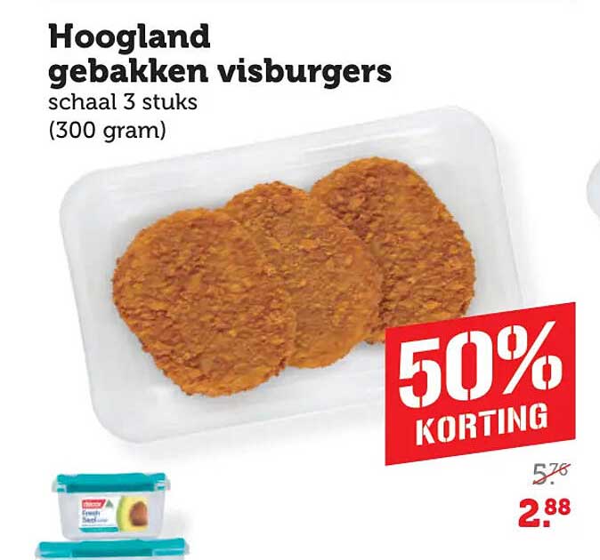 Hoogland gebakken visburgers schaal 3 stuks (300 gram) 50% korting