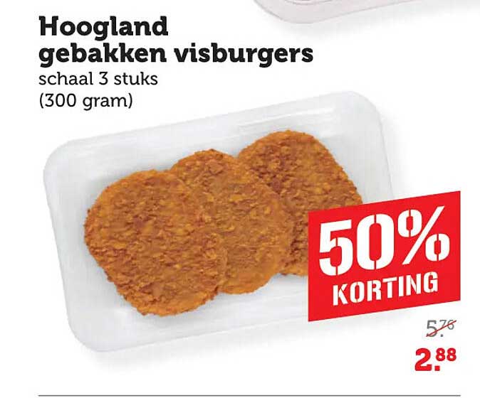 Hoogland gebakken visburgers schaal 3 stuks (300 gram) 50% KORTING