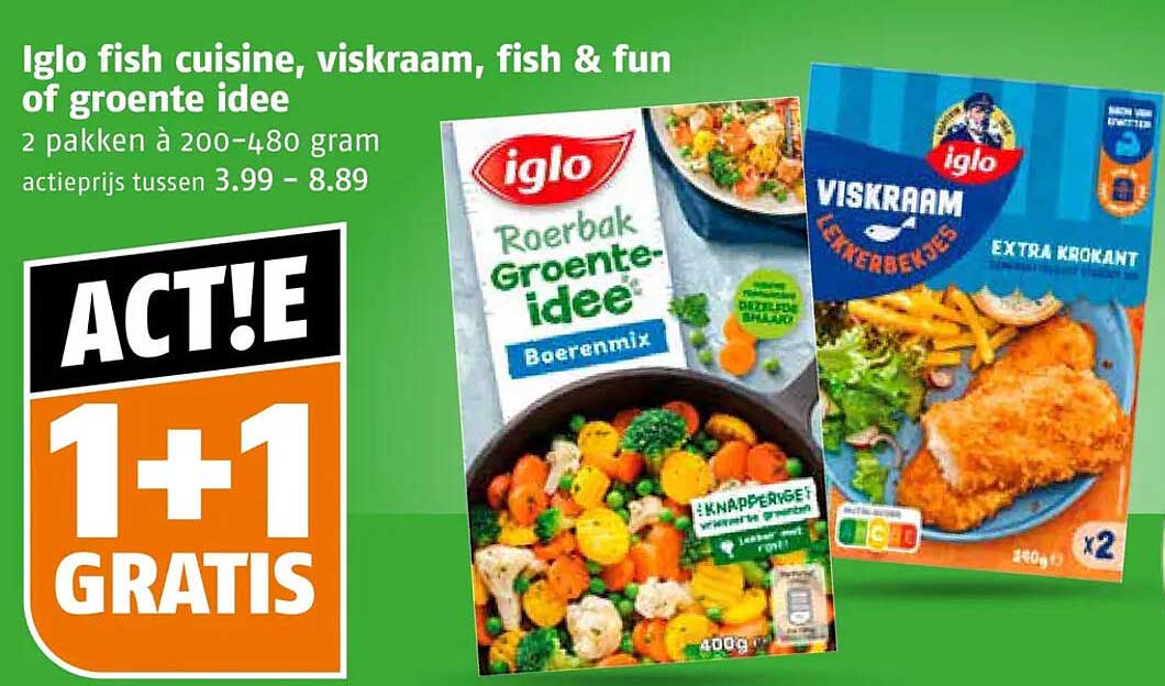 Iglo fish cuisine, viskraam, fish & fun of groente idee 1+1 gratis
