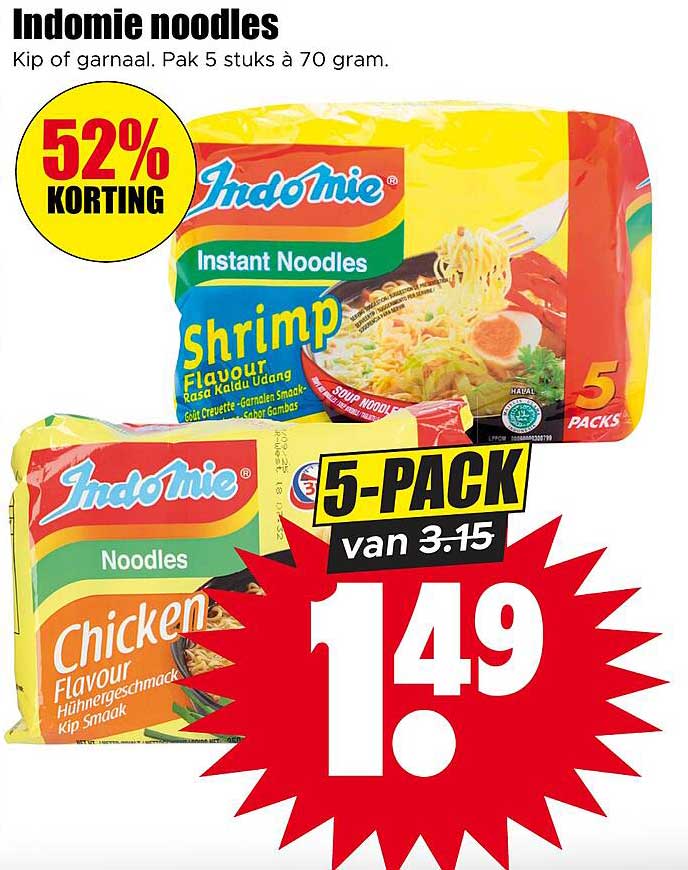 Indomie noodles Kip of garnaal. Pak 5 stuks à 70 gram.