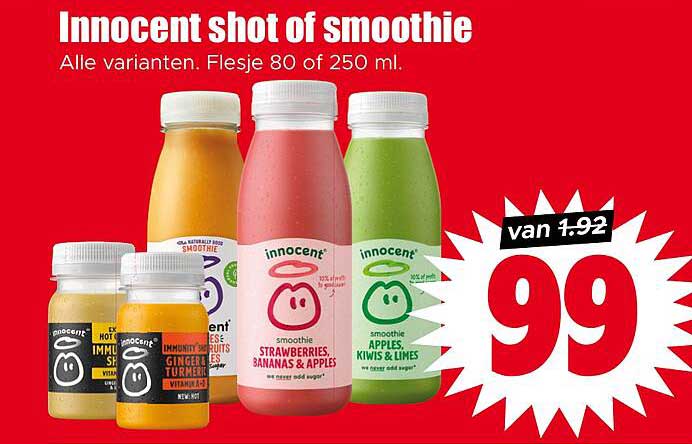 Innocent shot of smoothie Alle varianten. Flesje 80 of 250 ml.