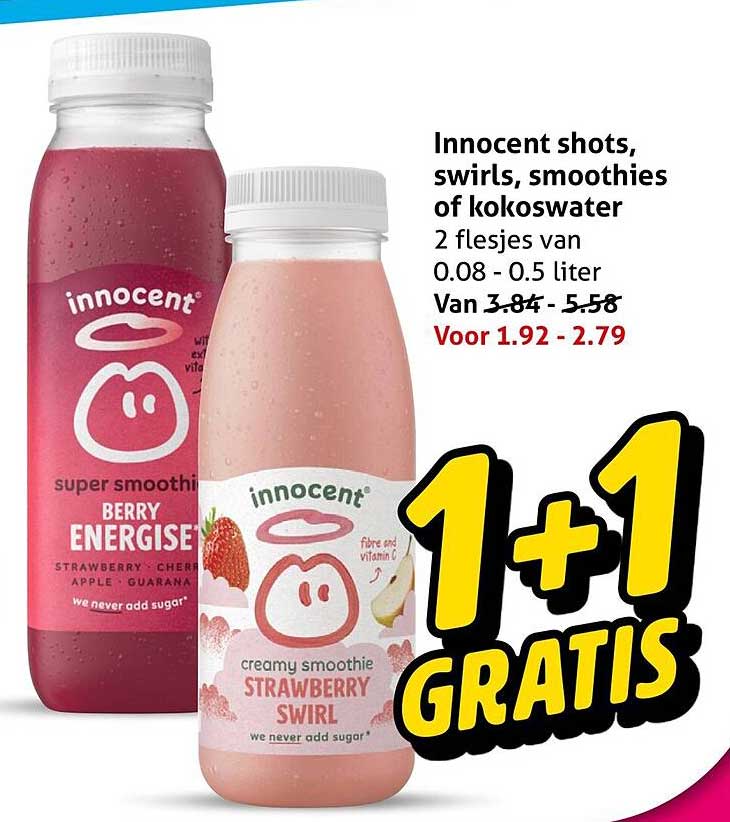 Innocent shots, swirls, smoothies of kokoswater 1+1 gratis