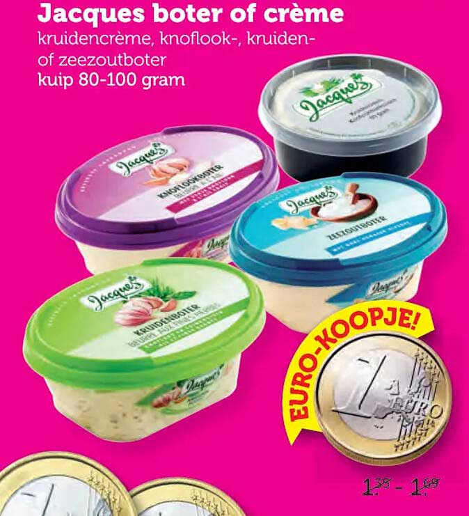 Jacques boter of crème kruidencrème, knoflook-, kruiden- of zeezoutboter kuip 80-100 gram