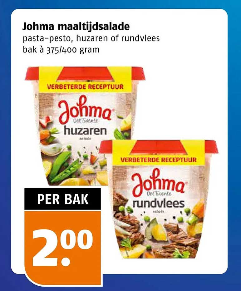 Johma maaltijdsalade pasta-pesto, huzaren of rundvlees bak à 375/400 gram