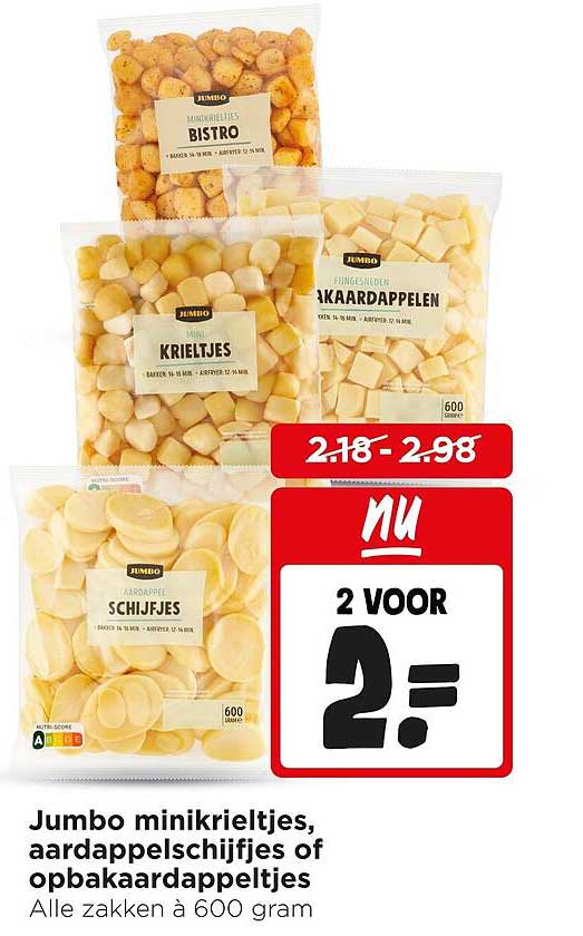 Jumbo minikrieltjes, aardappelschijfjes of opbaardaappeltjes 2 voor 2=