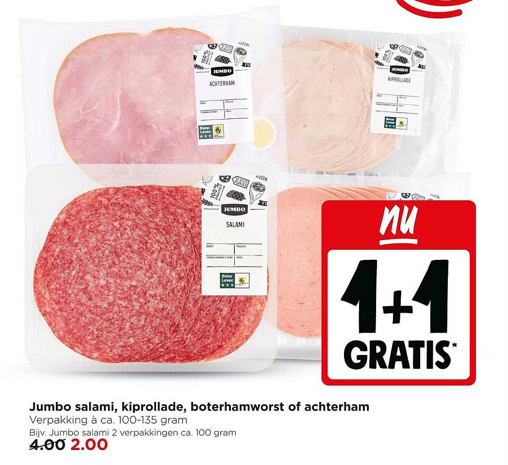 Jumbo salami, kiprollade, boterhamworst of achterham 1+1 gratis