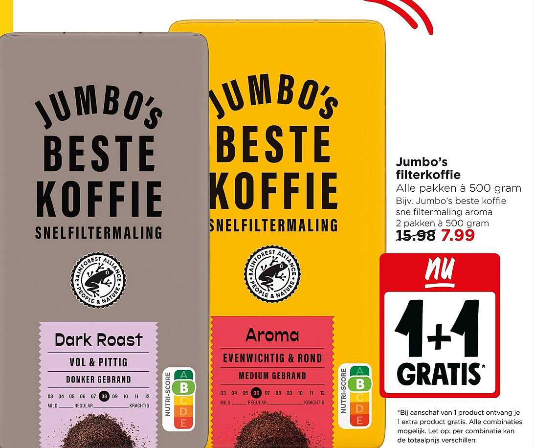 Jumbo’s filterkoffie 1+1 gratis